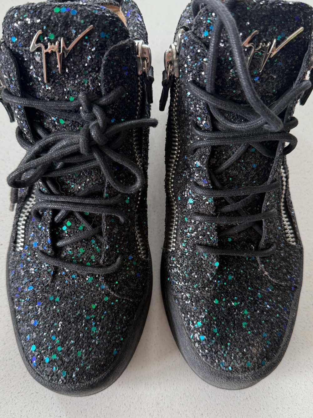 Giuseppe Zanotti Black Glitter High-Top Sneakers with Green & Blue Sparkle